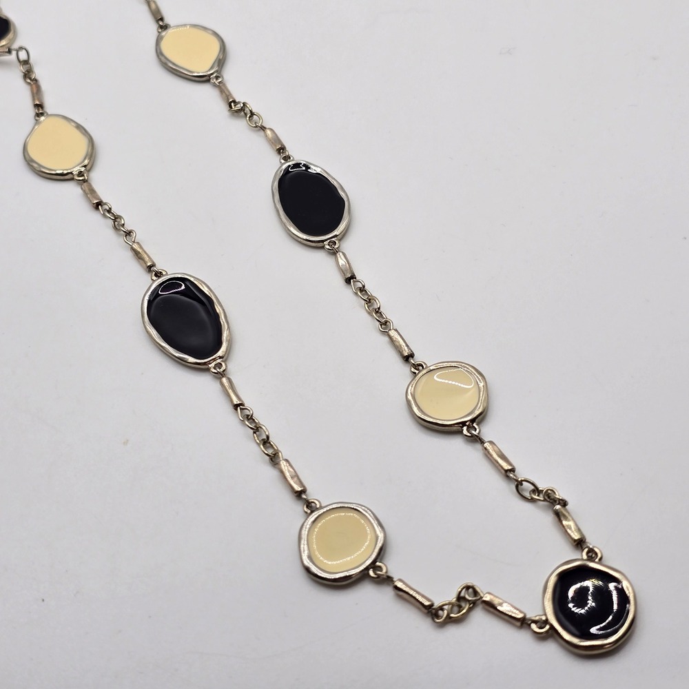 Enamel Station Necklace Women Silver Black Cream Chic Layering‎